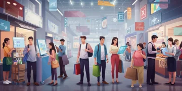 Consumers shopping in a vibrant market, reflecting 2025 spending trends and economic shifts.