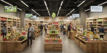 Modern retail store interior with diverse shoppers and digital displays