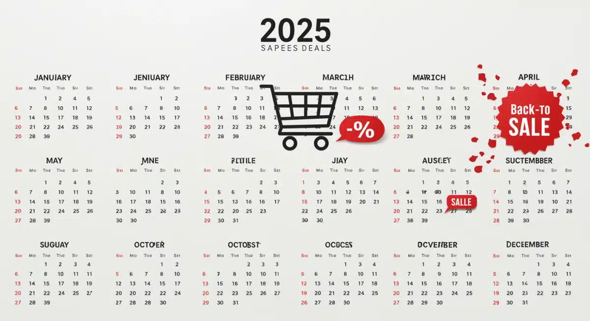 Calendar marking prime sale dates in 2025 for tech deals, with shopping and discount icons.