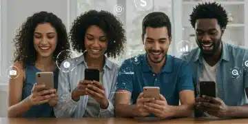 Americans using money-saving apps on smartphones with financial graphics