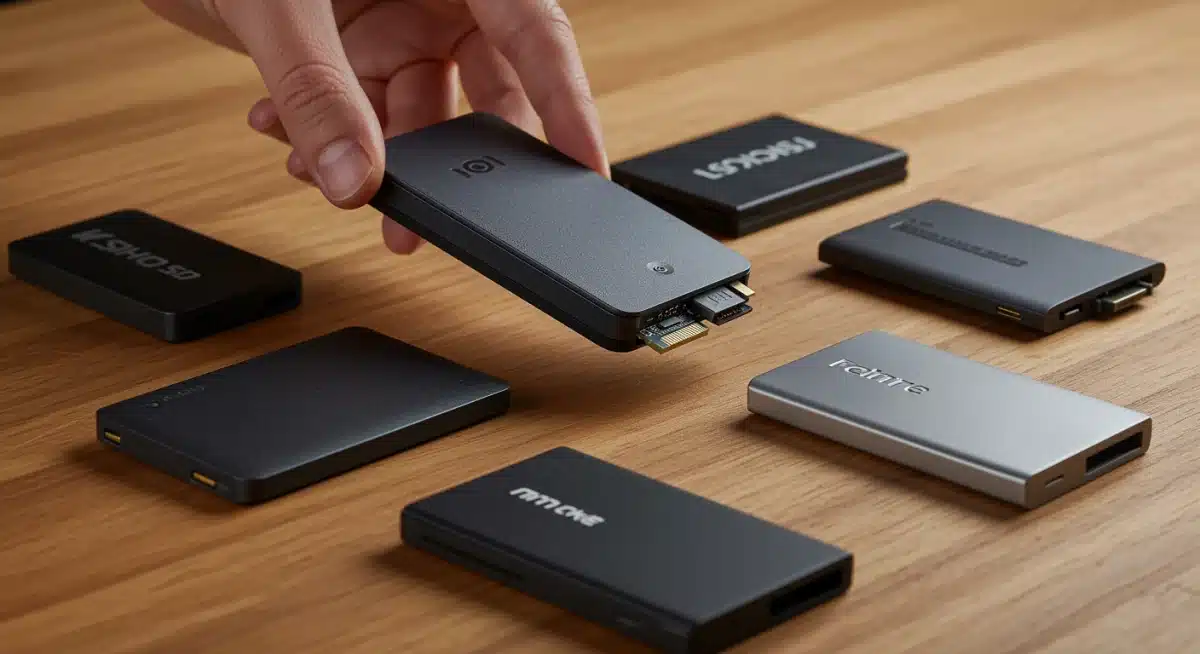 Assortment of portable SSDs on a table, ready for selection