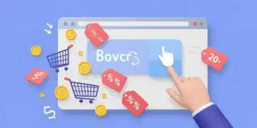 Futuristic browser window with automated savings extensions active, showing discounts
