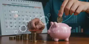 Automated savings mechanism with gears and digital interface, symbolizing effortless monthly financial growth.