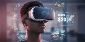 Person wearing an affordable virtual reality headset, immersed in a digital world with futuristic graphics.