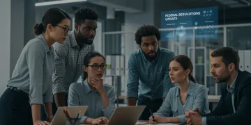 Local business owners reviewing federal regulation updates on a tablet for the March 2025 deadline.