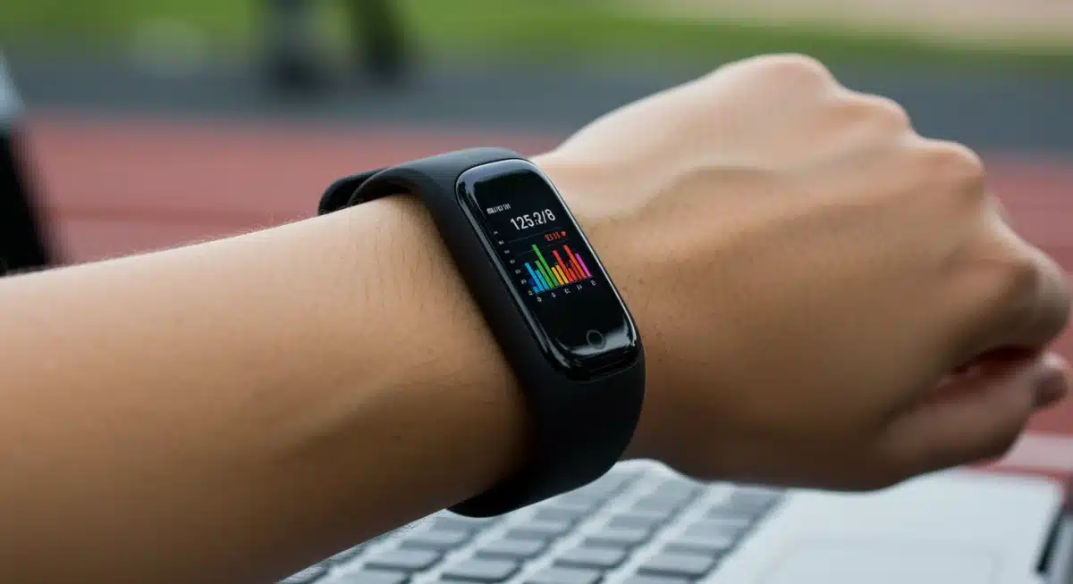 Person comparing fitness tracker deals on a laptop, wearing a modern fitness tracker