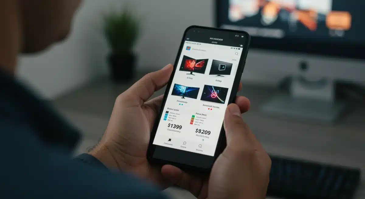 Person comparing high-end monitor specifications and prices on a smartphone.