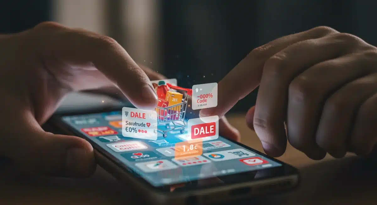 Smartphone displaying multiple coupon codes and discounted shopping cart