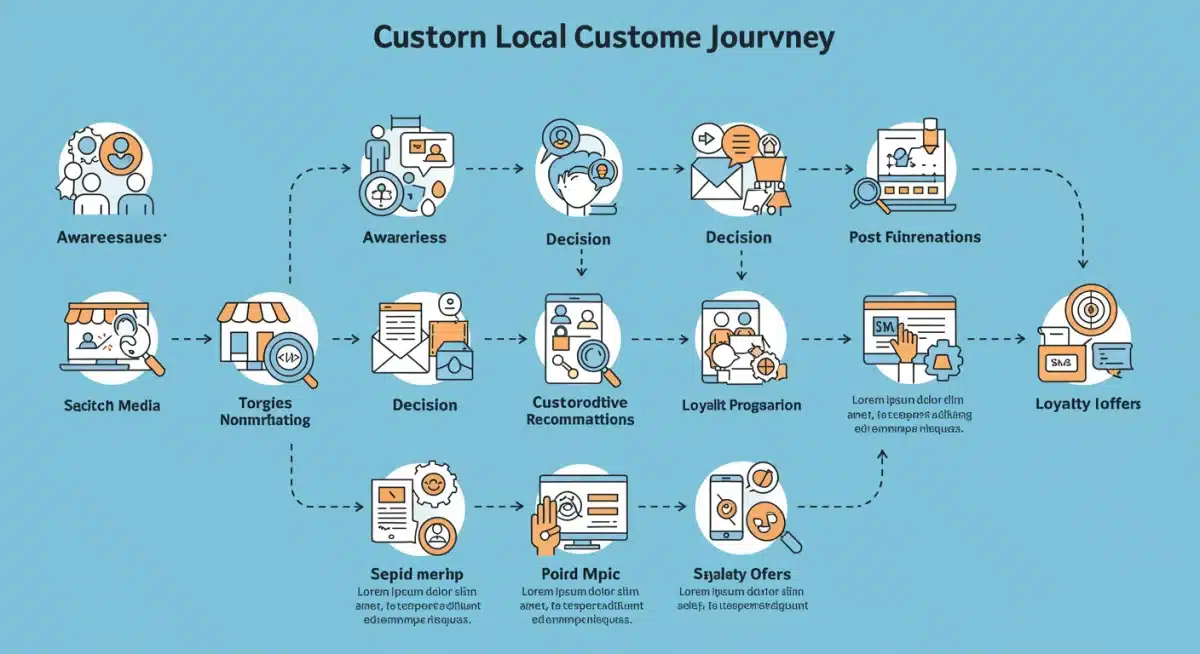 Infographic showing a multi-stage local customer journey with digital and physical touchpoints.
