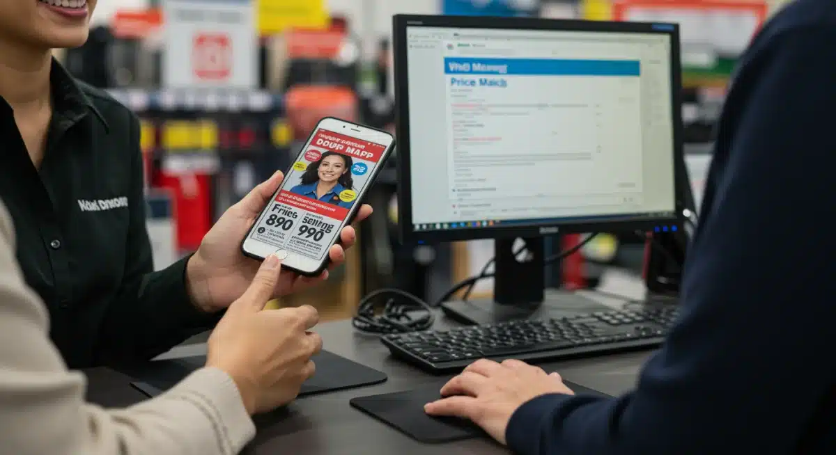 Customer service representative assisting with price match request