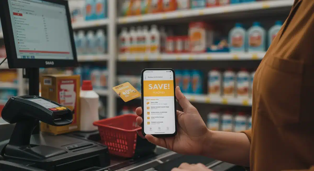 Shopper using a digital coupon at checkout for essential items