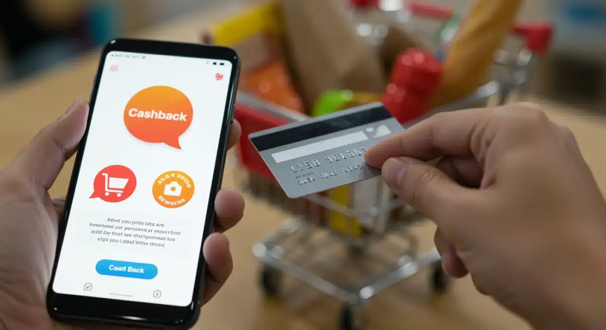 Hand using a credit card with a cashback app on a smartphone, showing digital rebate redemption.