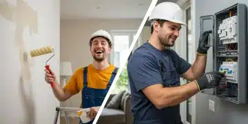 DIY homeowner painting a wall versus a professional electrician working on a fuse box for home maintenance decisions
