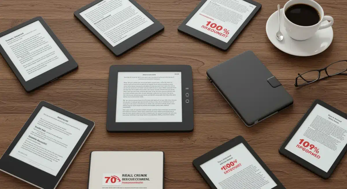 Assortment of e-reader models on a table, showcasing the variety of devices available with 20% off deals in early 2025.