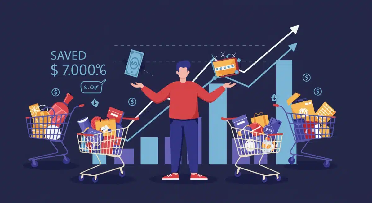 Person efficiently managing multiple shopping carts, symbolizing smart deal finding and increased savings.