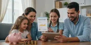 Family reviewing digital budget for 2025 household expense cuts