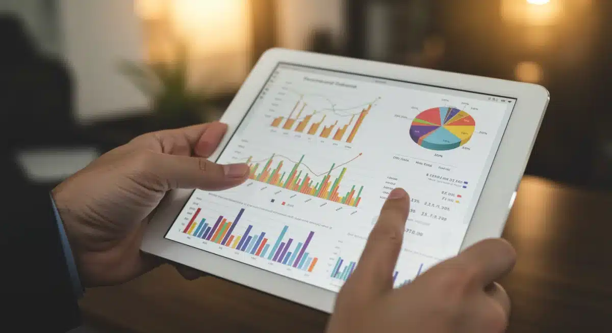 Hands holding tablet with financial dashboard showing positive trends.