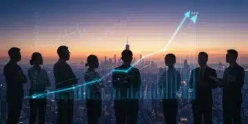 Futuristic city skyline with economic data overlays and diverse business professionals