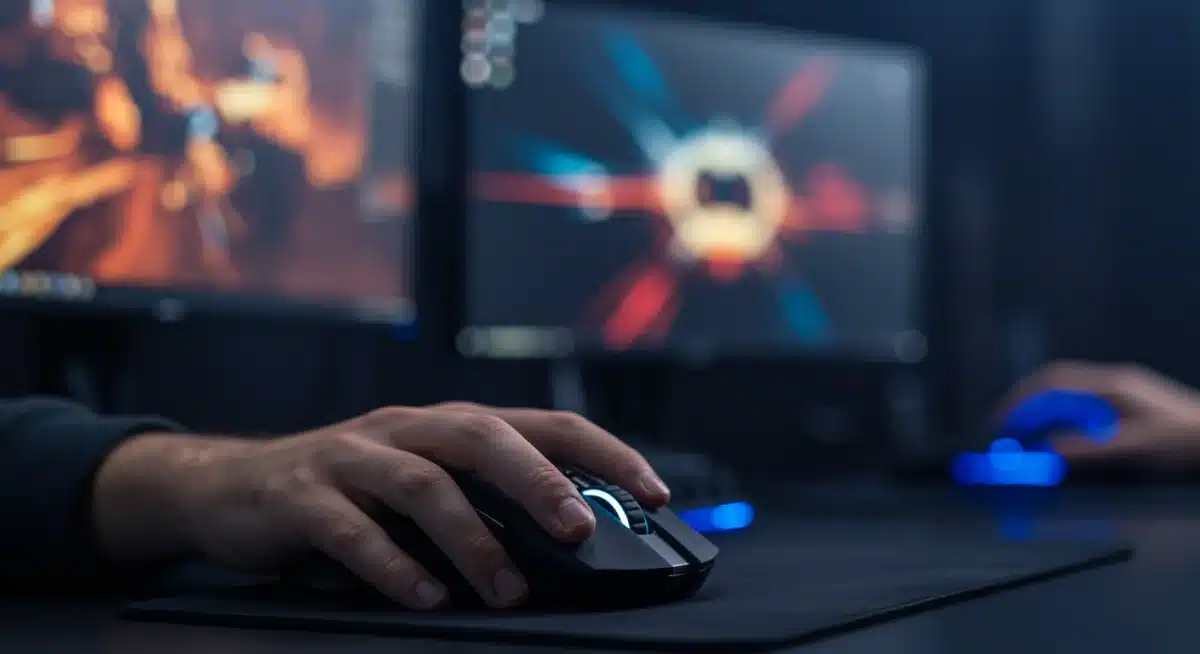 Gamer's hand on a high-performance gaming mouse during intense gameplay.