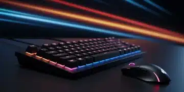 Illuminated gaming keyboard and ergonomic mouse on a desk, representing tech savings.