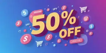 Graphic displaying a large 50% off sign amidst shopping elements, symbolizing genuine limited-time offers and smart savings.