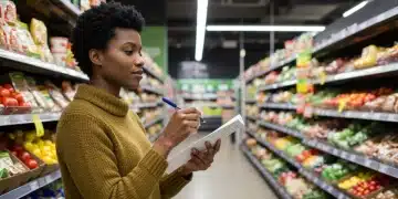 Person planning grocery budget in supermarket aisle