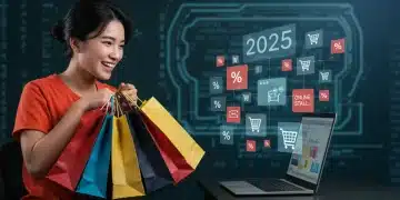 Happy shopper with bags, laptop showing online deals and savings for 2025