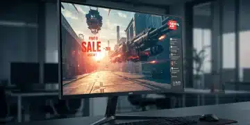 Sleek high-end monitor displaying vibrant graphics with a subtle discount overlay.