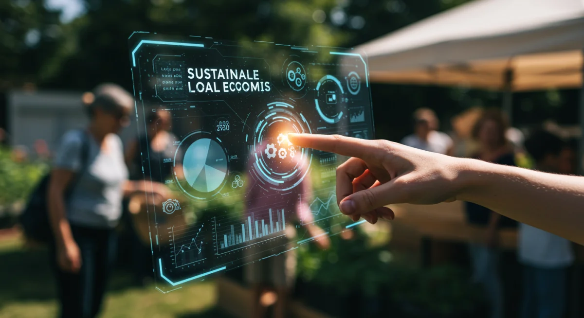 Hand interacting with holographic interface showing sustainable local economy data