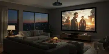 Modern living room with home theater projector in action, showing a vibrant movie scene