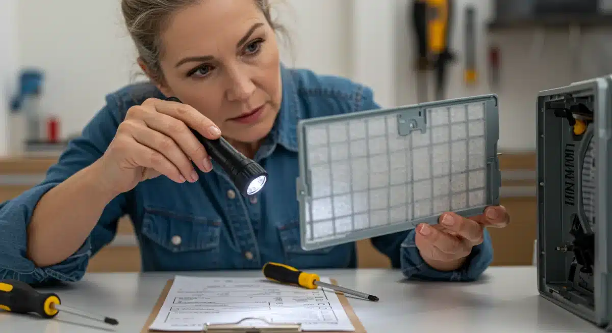Homeowner inspecting HVAC filter with tools, highlighting proactive DIY home maintenance