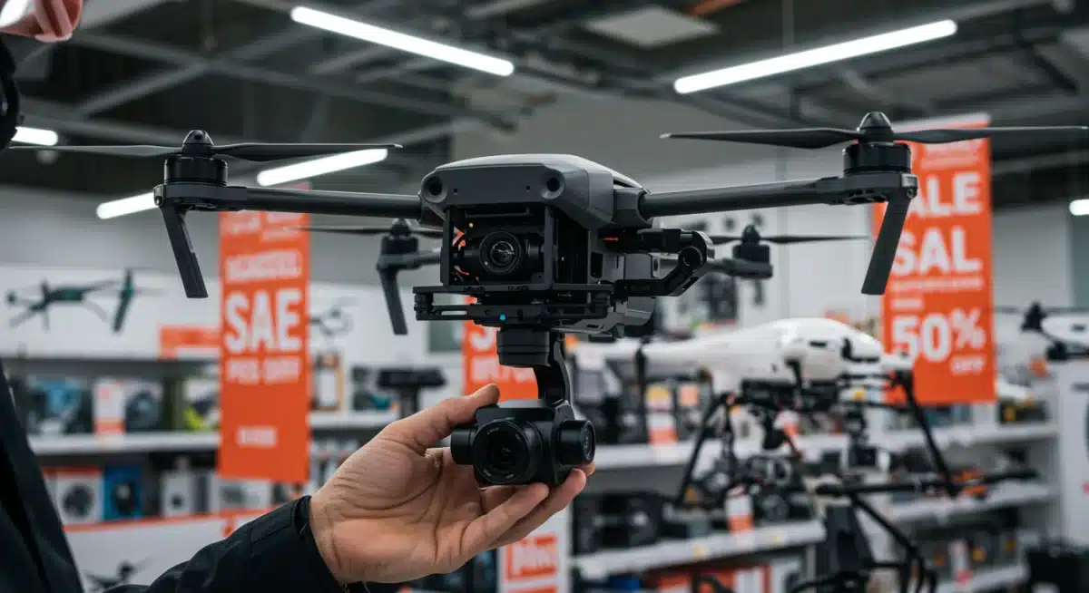 Person inspecting a photography drone's camera gimbal in a tech store during a sale, highlighting quality and deals.