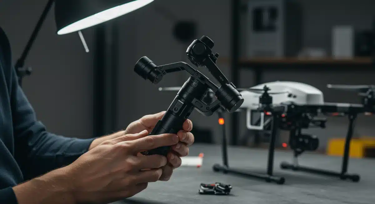 Person inspecting a high-quality drone gimbal for optimal performance