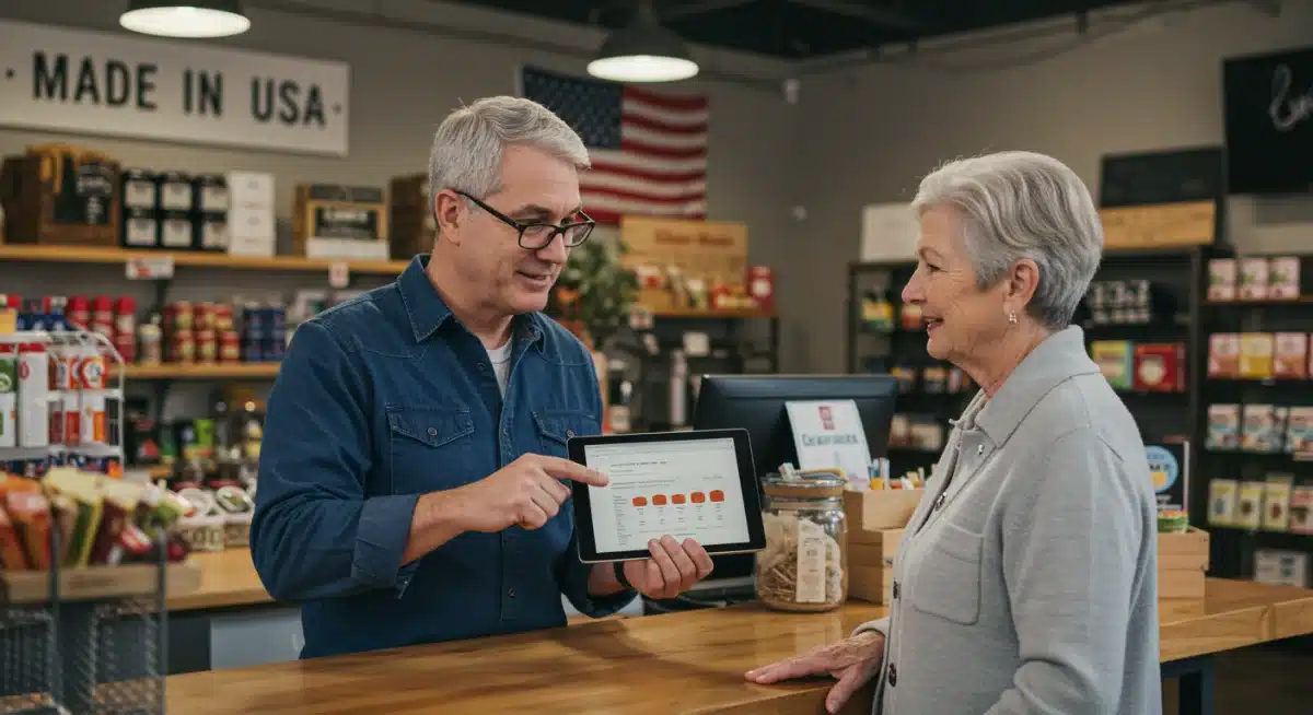 Local business owner helping customer with digital payment.