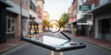 Smartphone showing local business reviews for 2025, reputation management