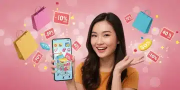 Person smiling while online shopping, maximizing discounts on a smartphone.