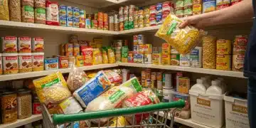 Organized pantry with bulk non-perishable food items, showcasing smart storage and savings potential.