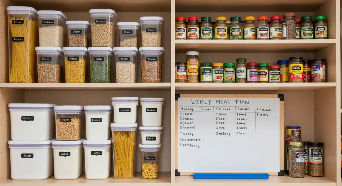 Organized pantry with meal plan for budget groceries