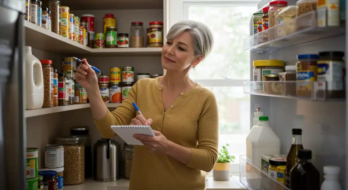 Person checking pantry inventory and writing grocery list for meal planning