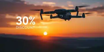 Modern photography drone flying at sunset with a 30% off overlay, symbolizing Q2 2025 tech sales deals.