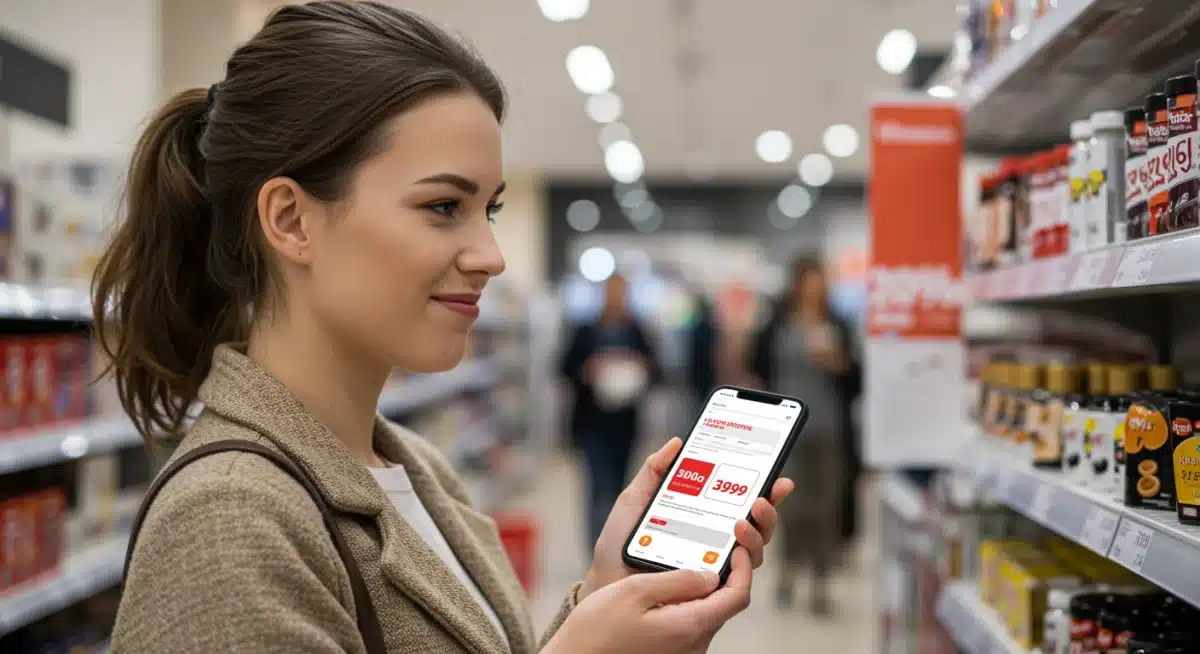 Person comparing product price on a tag with a smartphone, representing smart shopping and deal validation.