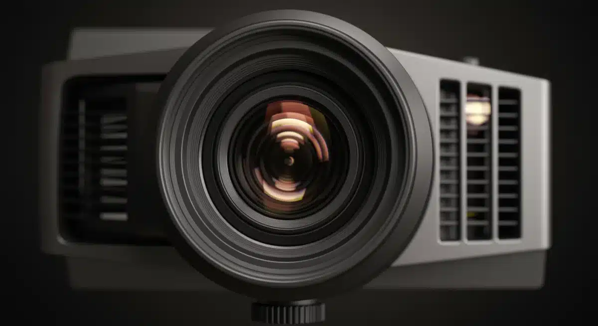 Close-up of a high-quality projector lens, highlighting optical technology