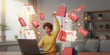 Person happily shopping online for Q1 2025 flash sales with digital discounts floating around.