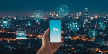 Hand holding a pristine refurbished smartphone against a backdrop of glowing city lights, symbolizing smart tech savings and modern living.