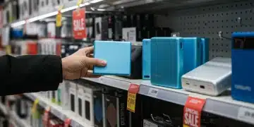 Shopping for portable power banks in a store aisle with sale signs