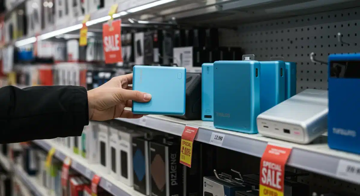 Shopping for portable power banks in a store aisle with sale signs