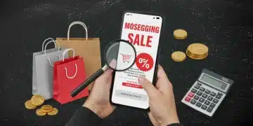 Skeptical shopper analyzing a misleading online sale on a smartphone, highlighting fake sales detection.