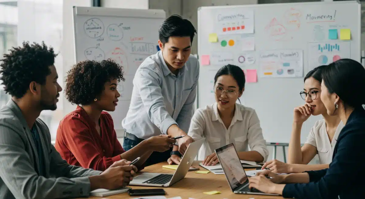 Small business owners collaborating on marketing strategies