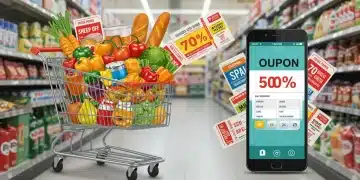 Smart shopping cart with stacked coupons and smartphone for grocery savings