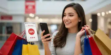 Woman comparing prices on smartphone for smart shopping savings